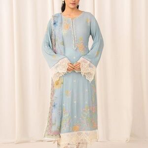 Floral Embroidered Blue Dress with Lace Trim